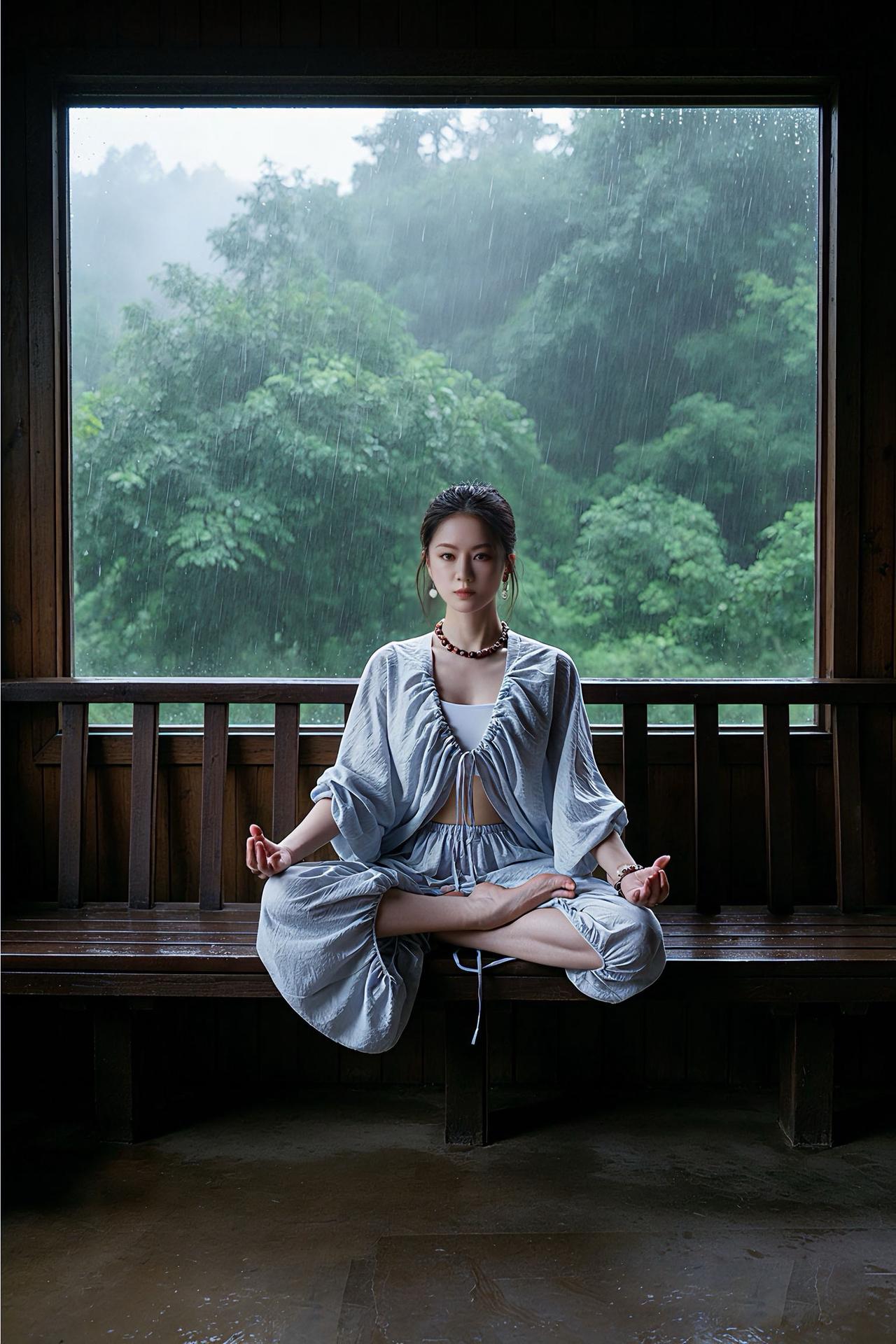 半山听雨声瑜伽拍照瑜伽体式