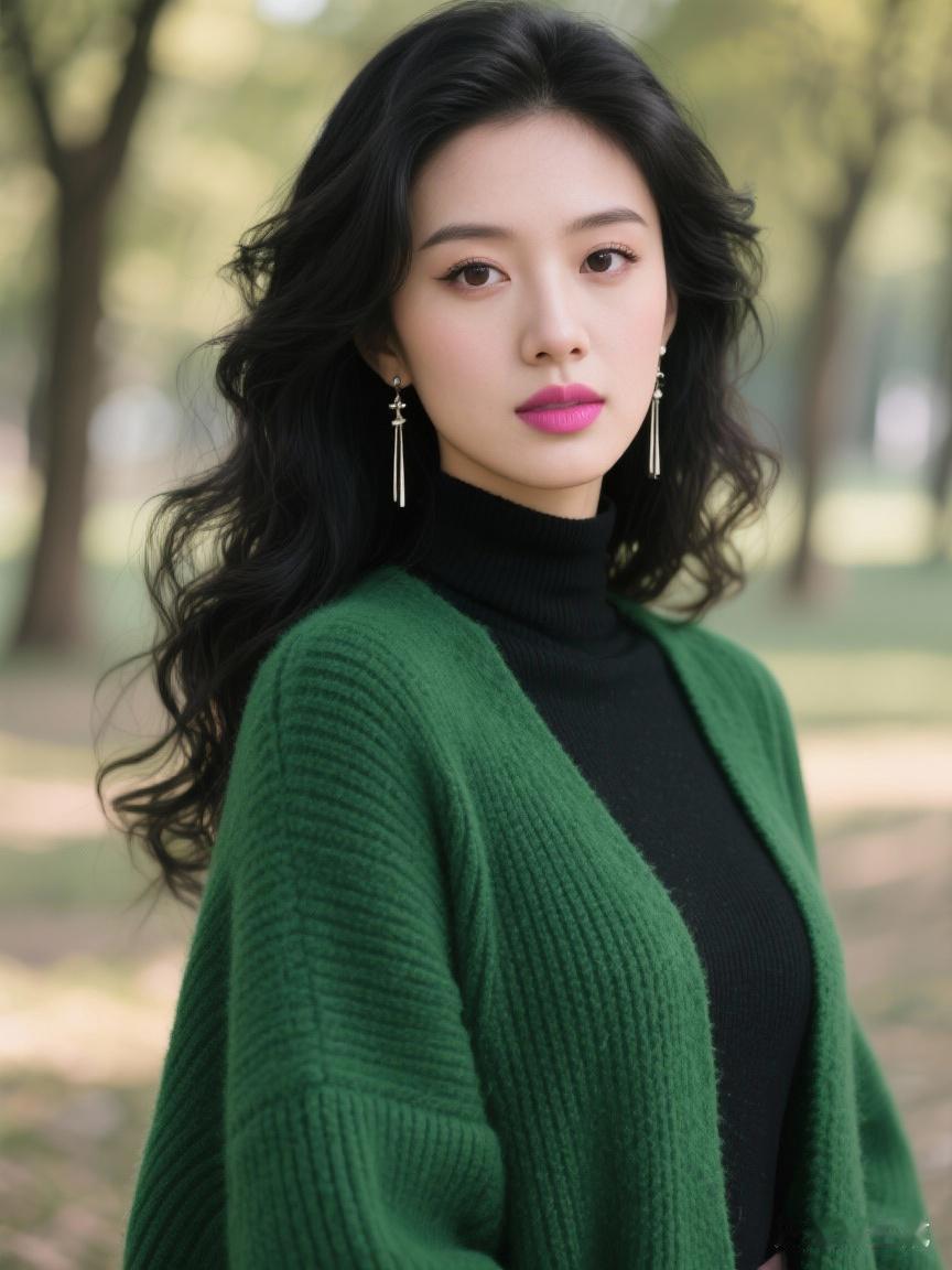 绿衣美人倚树立，秋风拂面意自闲。