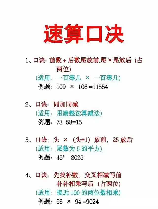 背下这份速算口诀大全,一学就会的速算妙招,让孩子计算又快又准