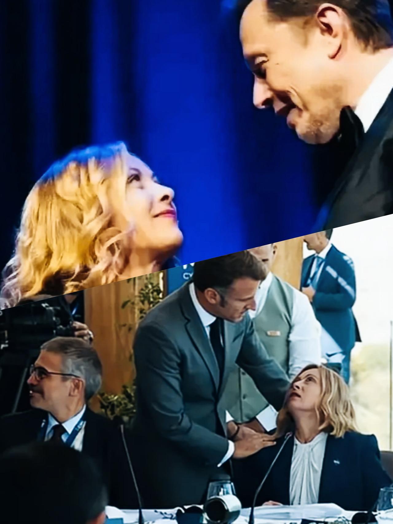 梅洛尼看向马克龙和马斯克时，几乎相同的姿势，却不同的表情和眼神啊！梅洛尼看向马