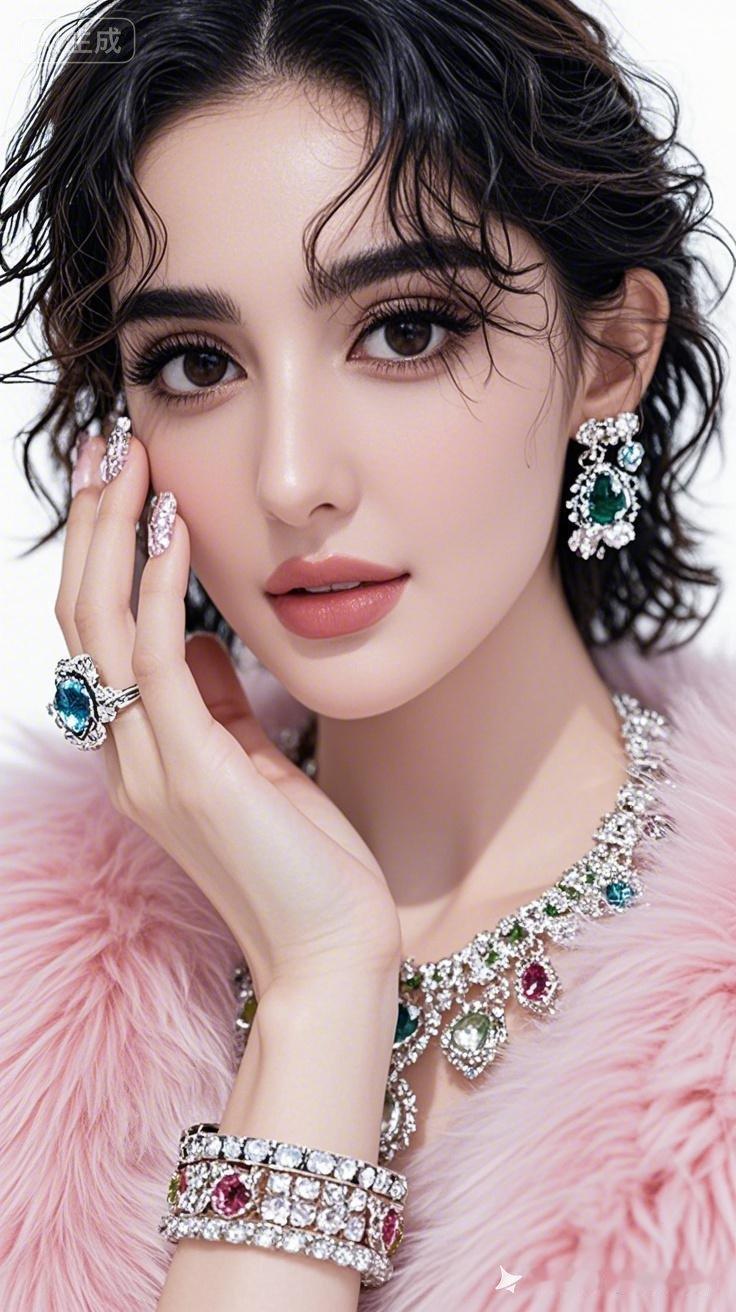 娜扎精致妆容配繁复珍珠宝石首饰。粉色亮闪狐狸毛皮草外套，内搭粉丝绒金线刺绣钉珠短