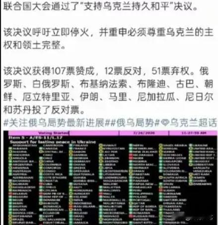 弱国无外交啊，支持乌克兰的国家有107个，支持俄罗斯的居然高达12个。