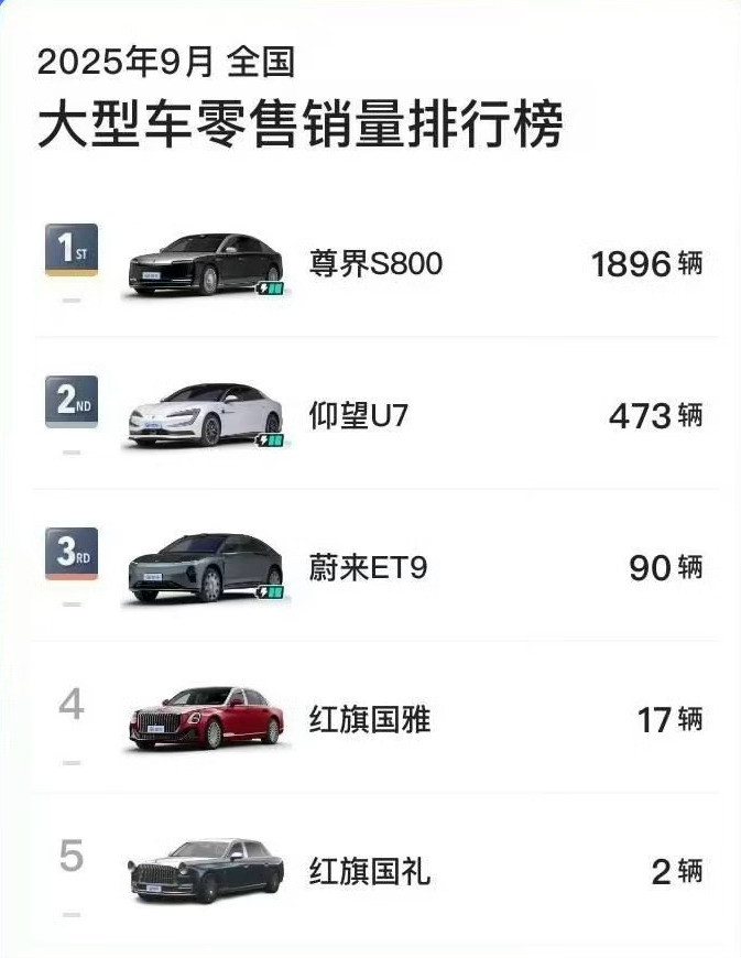 这一轮中国品牌旗舰轿车里，尊界S800遥遥领先的成功，9月销量1896辆，是仰望
