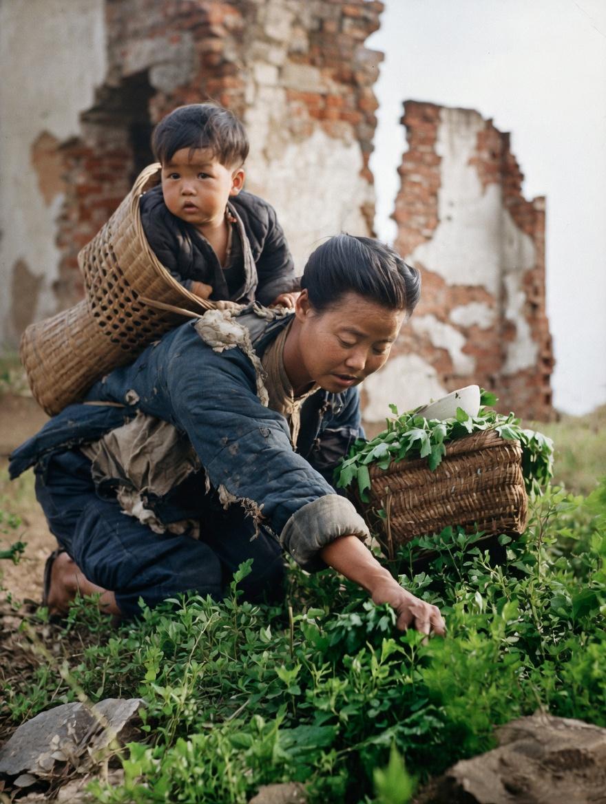 1942年，河南饥荒，镜头里的年轻母亲穿着打满补丁的破旧棉衣，背着孩子跪在荒地上