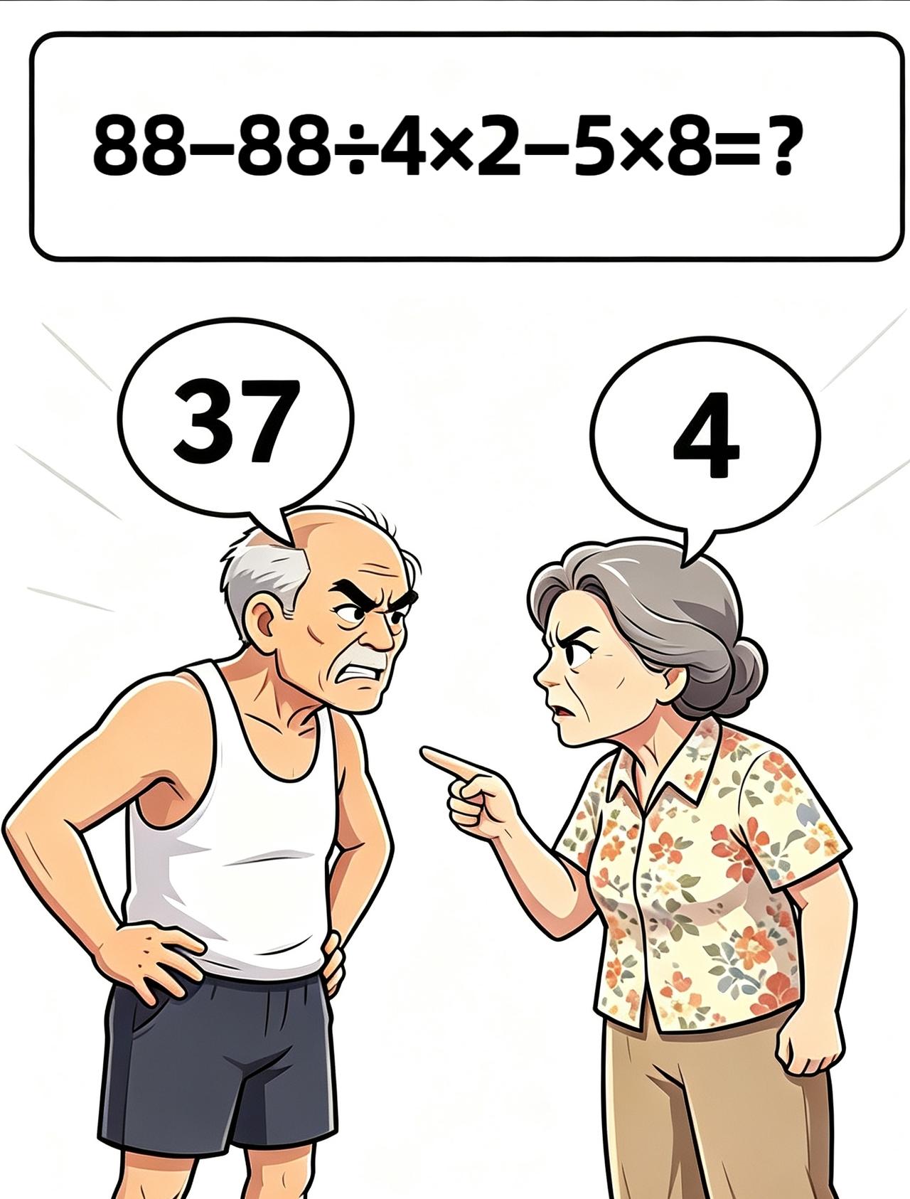 老两口又为一道数学题吵起来了😂88−88÷4×2−5×8=？老爷子算出来
