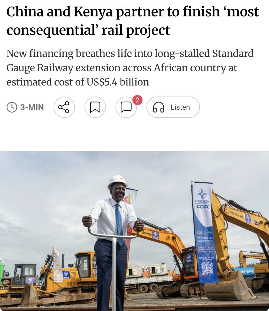 外媒：肯尼亚与中国重启停滞六年多的标轨铁路延伸项目，以创新融资模式替代主权债务，