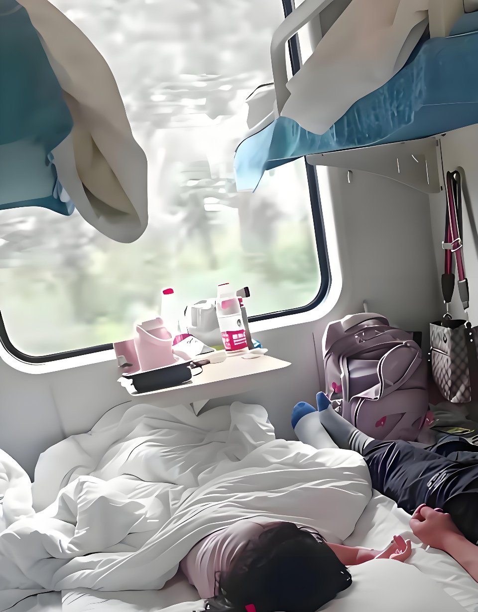 在火车上睡成这样合适吗？让别人怎么下床…