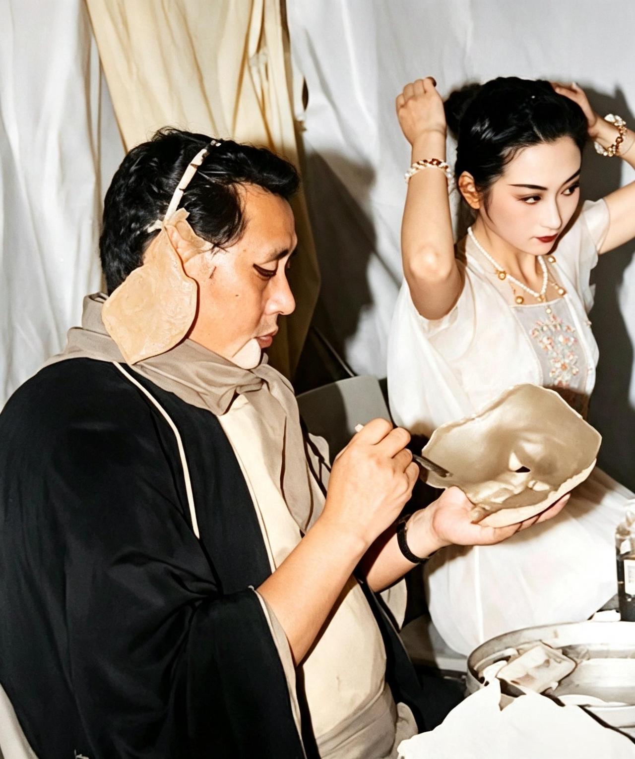 这是西游记拍摄中马德华老师为自己饰演的猪八戒上妆。虽然步骤非常复杂，自己为自己上