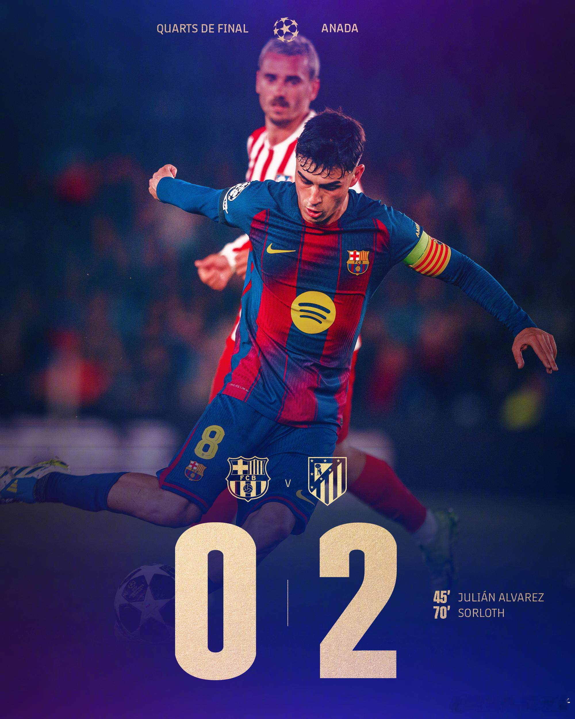 欧冠四分之一决赛首回合全场比赛结束，巴塞罗那0-2马德里竞技进球：阿尔瓦雷斯