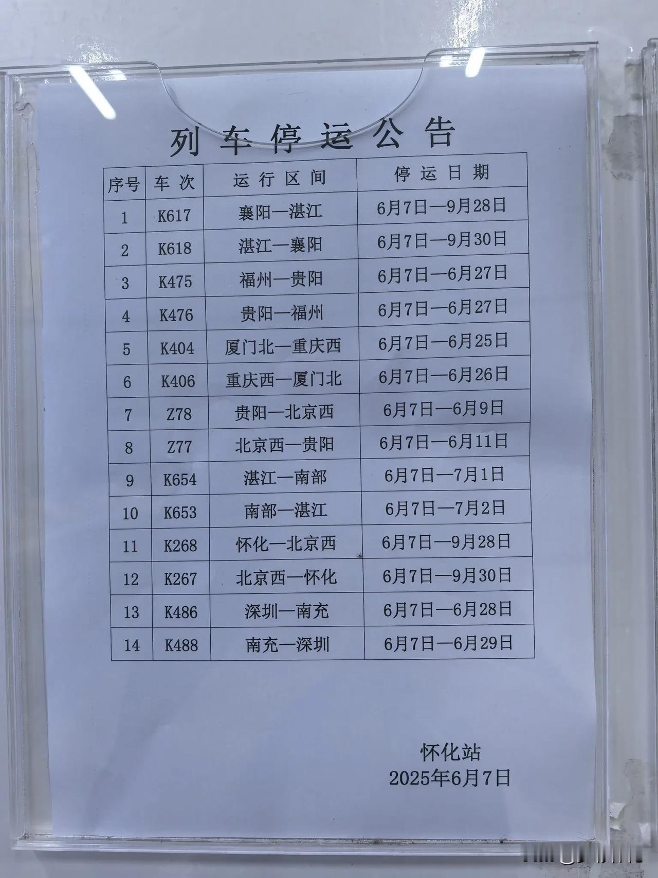 怀化火车站最新列车停运情况，大湘西地区群众很关心的k268，k617继续停运，怀