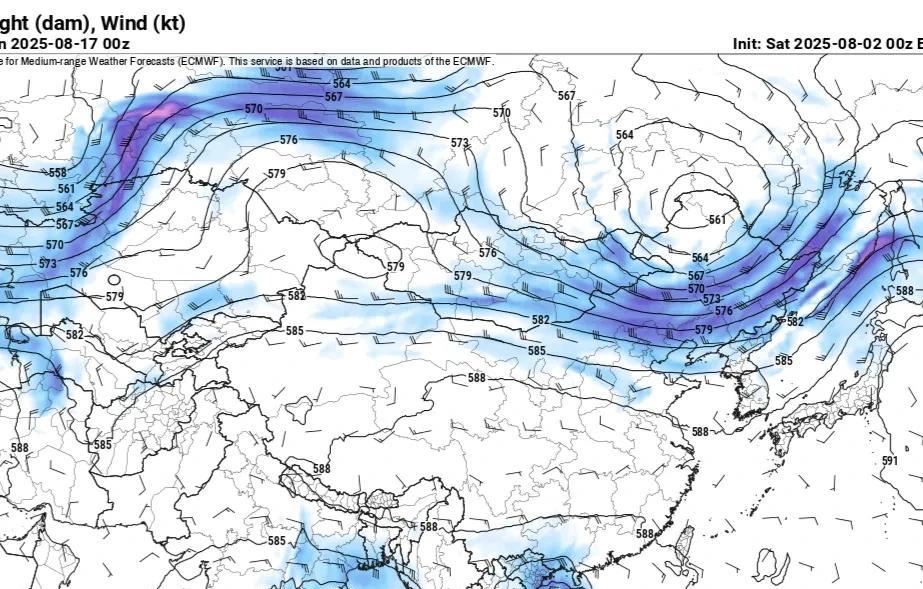 根据最新的15天数值预报。8月17日副热带高压不仅仅是控制了我国中部大部分地区