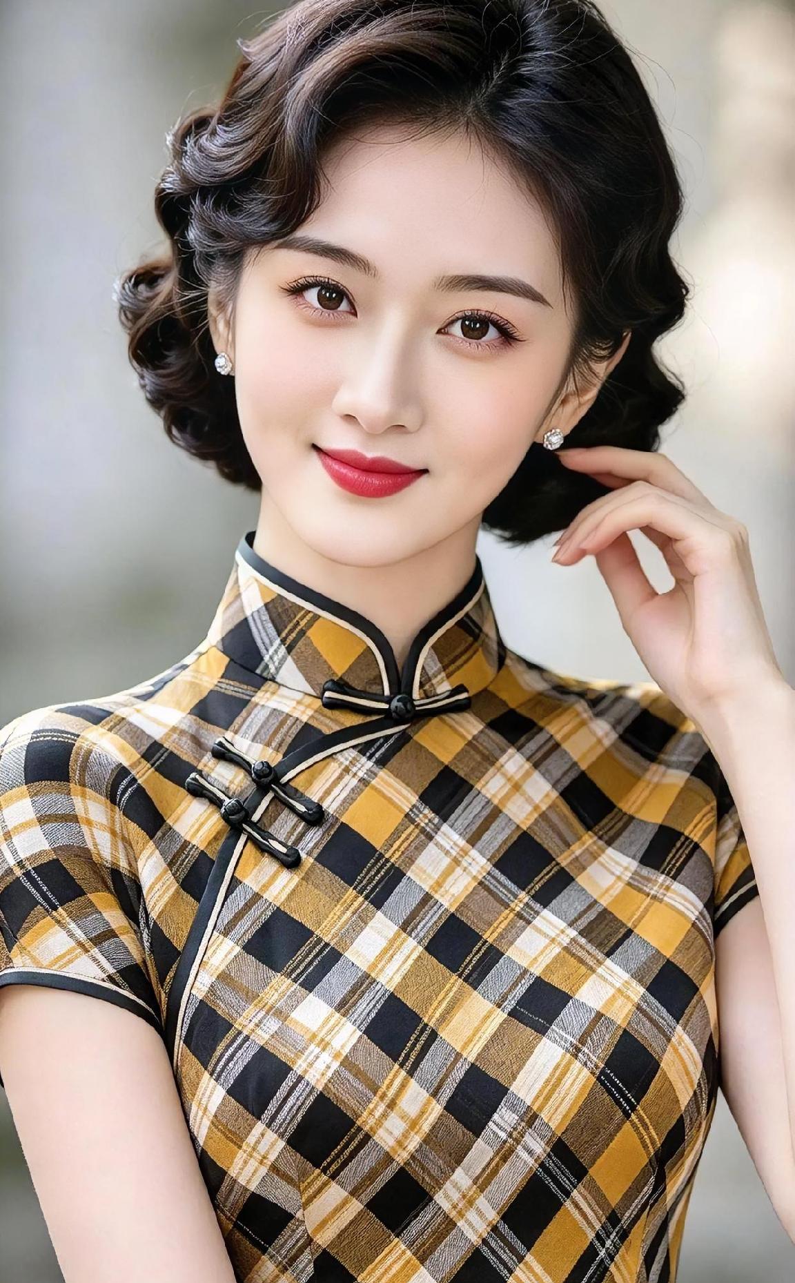 《格纹里的东方韵脚》暖光轻洒，她携着旧时光的雅致，黄黑格纹旗袍，织就岁月