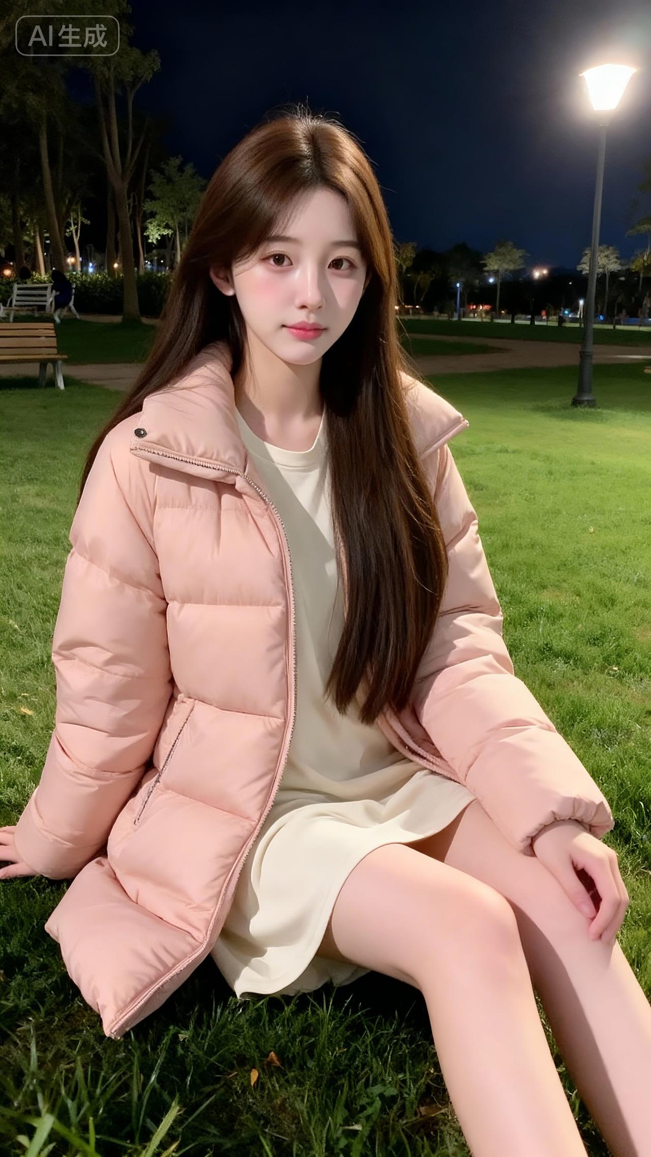 夜园甜妹，粉羽绒服配奶白裙，温柔纯欲氛围感拉满温柔羽绒服穿搭少女感羽绒服淡粉