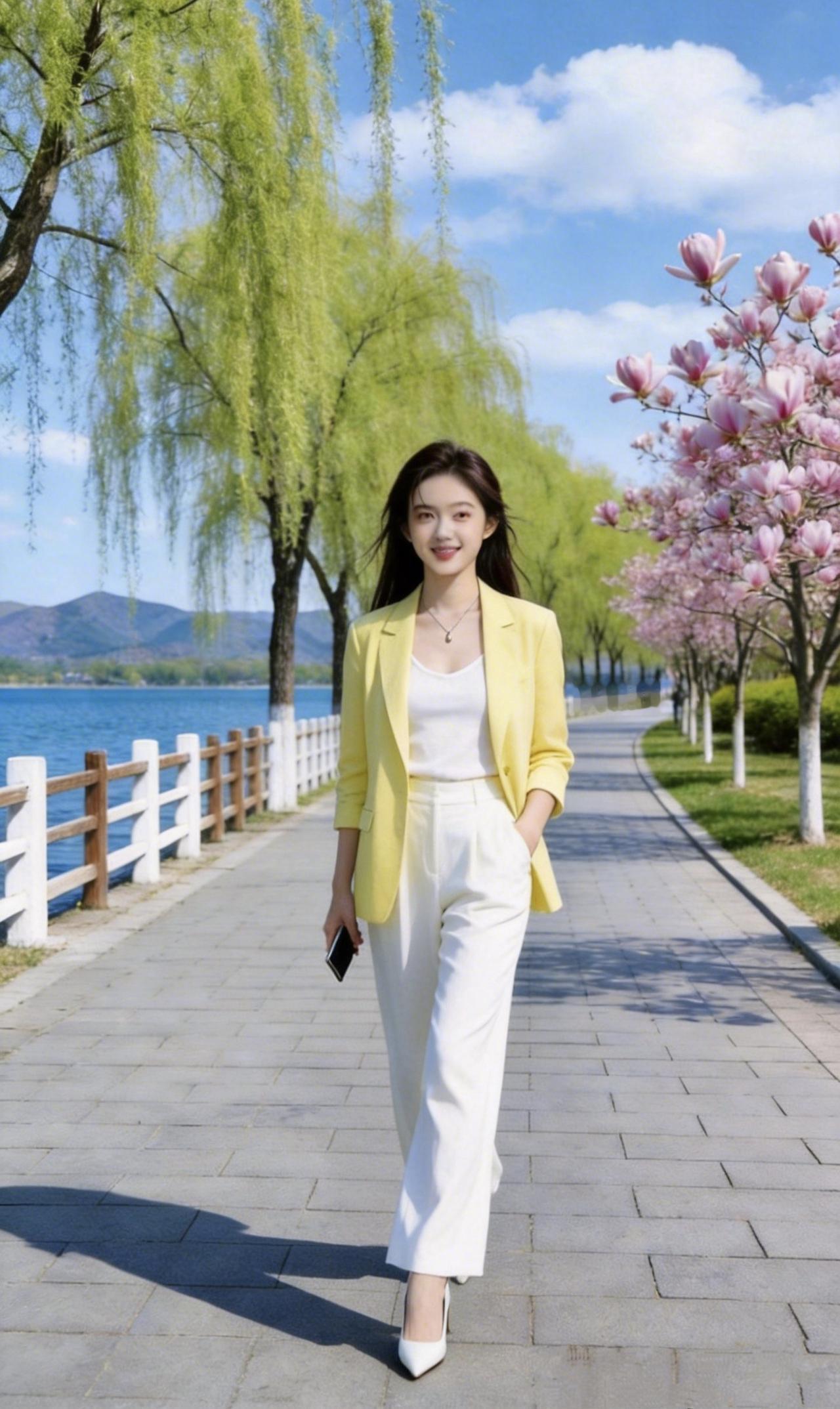 《春日行》嫩柳垂丝，拂过湖岸的风玉兰初绽，染粉了半片晴空你踏着石板路走