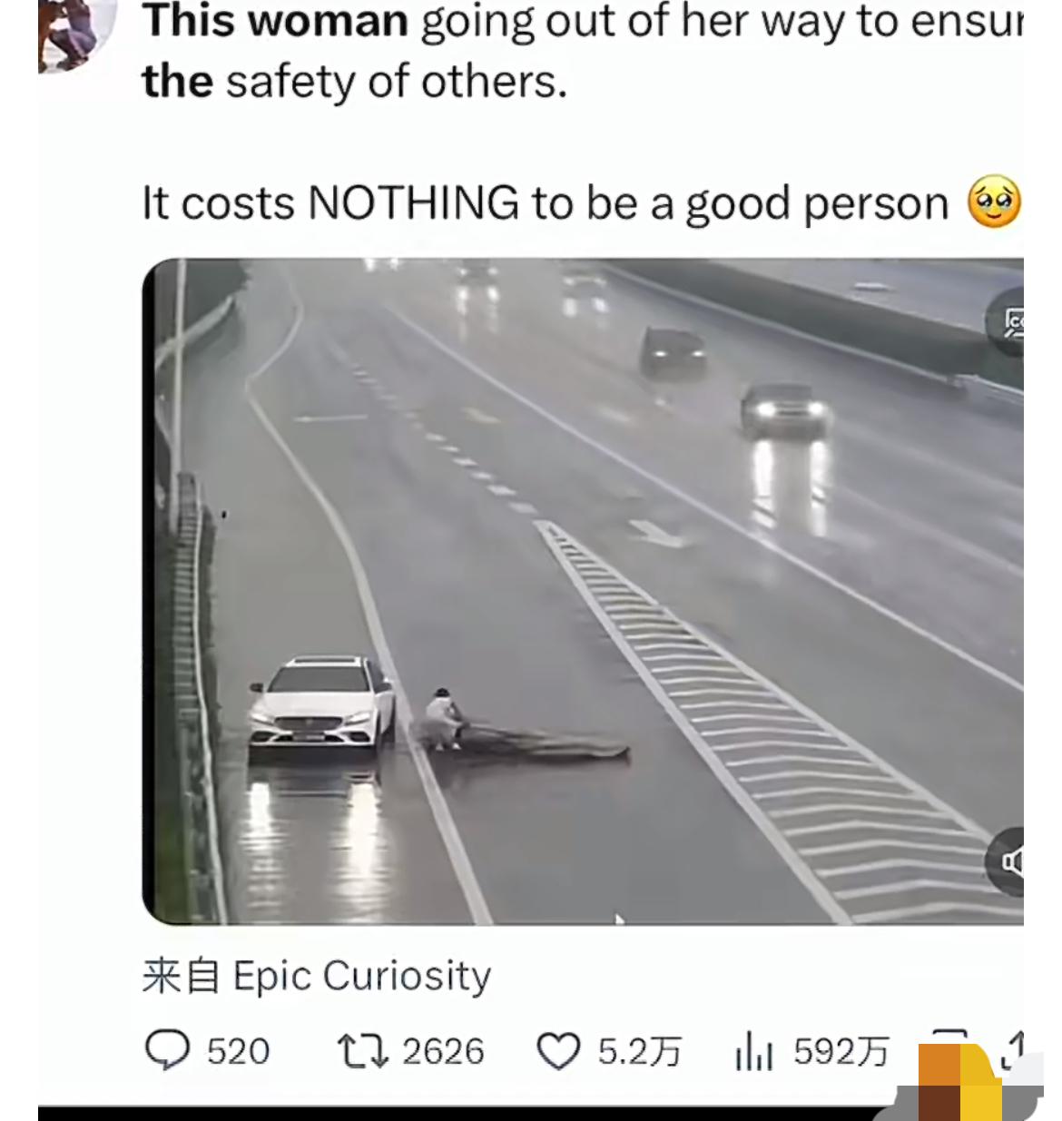 最近，一段中国南京女车主的视频在海外火了。事情发生在去年八月。南京机场高速上