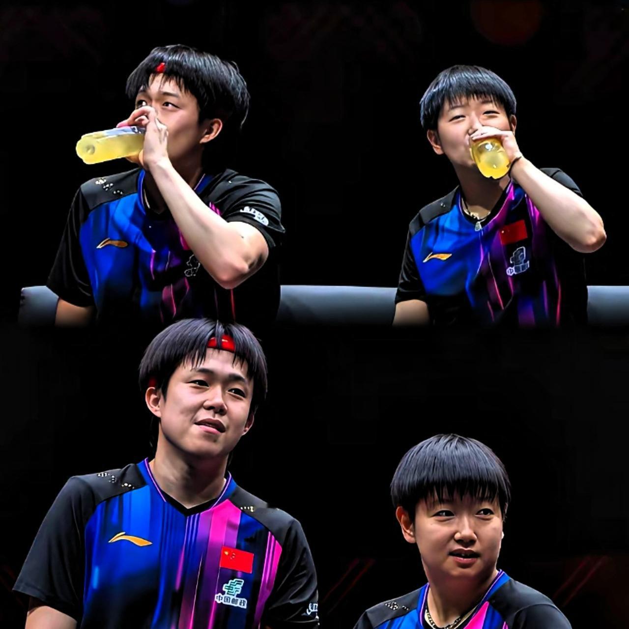 今天这场混双看得真带劲！莎莎和大头从走T台就开始偷着乐，中间休息喝水时还抿