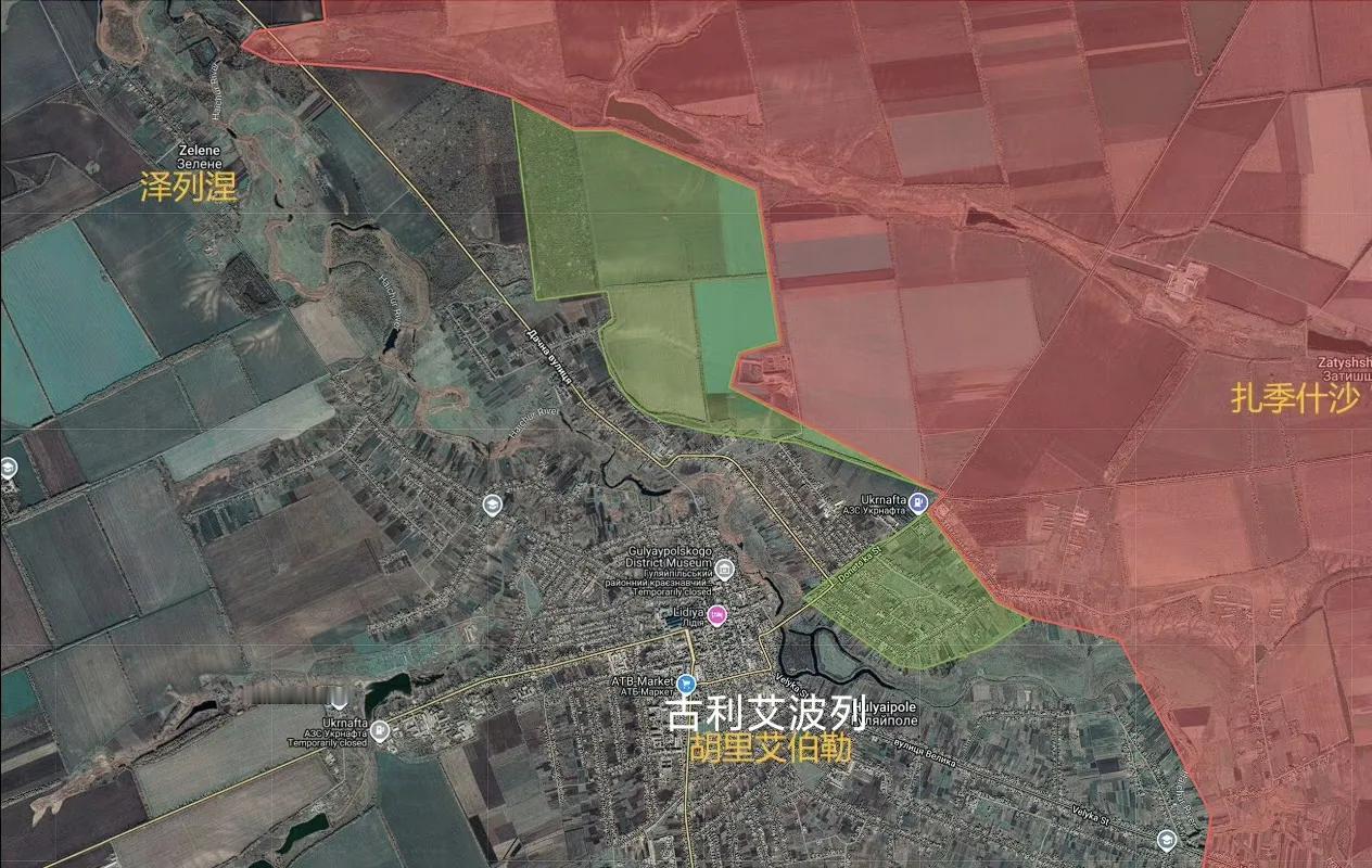 扎波罗热州，俄军东部集群继续在古利艾波列推进，现在已经是从整个东面攻入古利艾波列