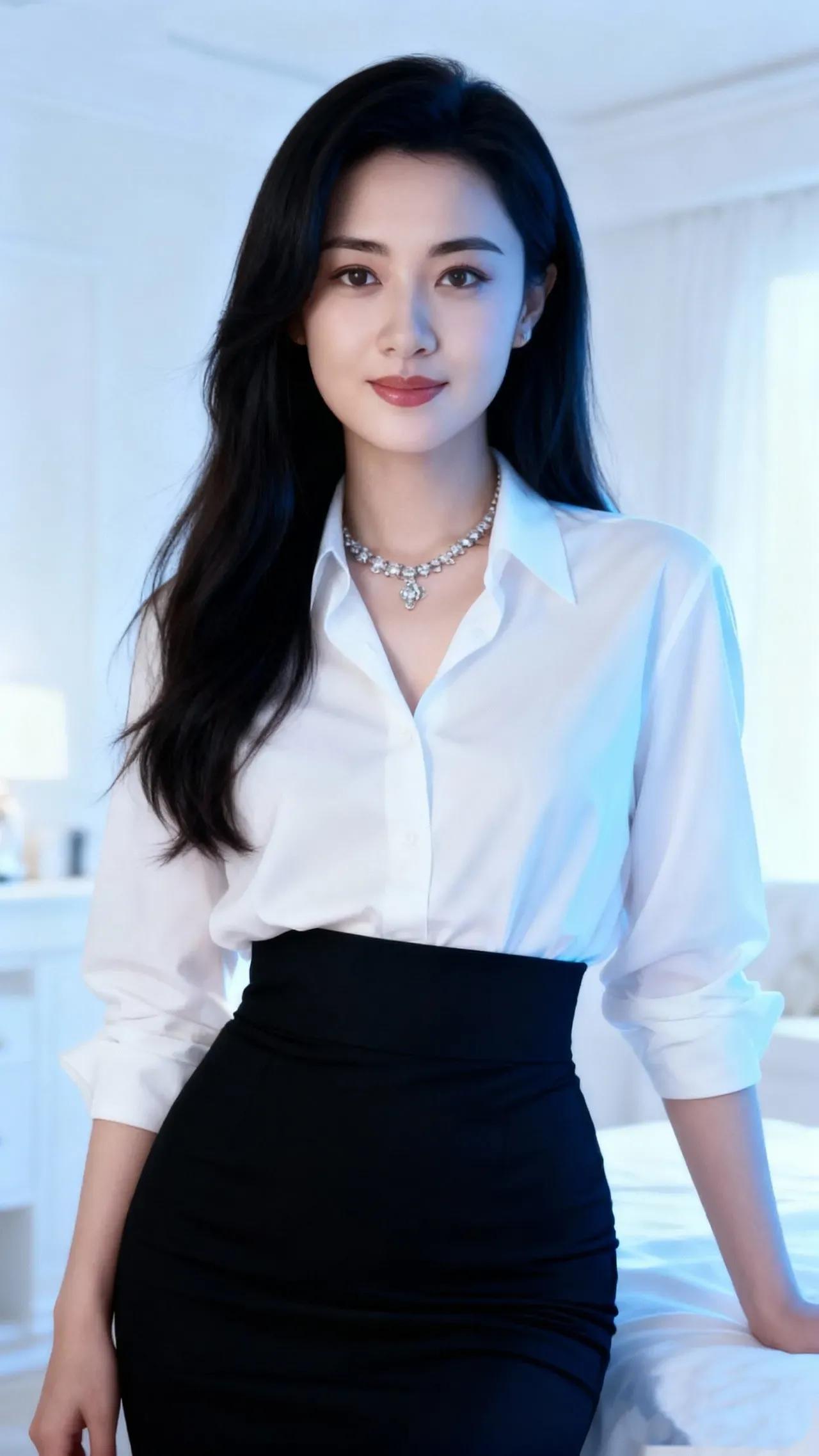 这位美女穿着白衬衫和黑裙子，搭配珍珠项链，显得优雅大方。