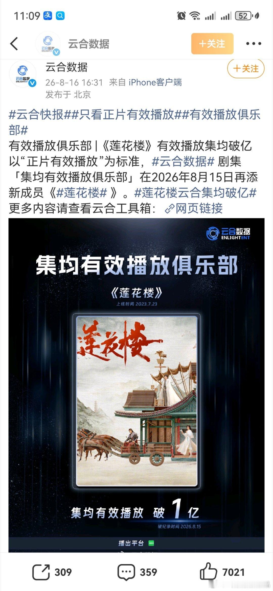 前段时间买通稿吹荷花楼播放量400亿，昨天云合官号说集均才刚刚到一亿，这差距也太