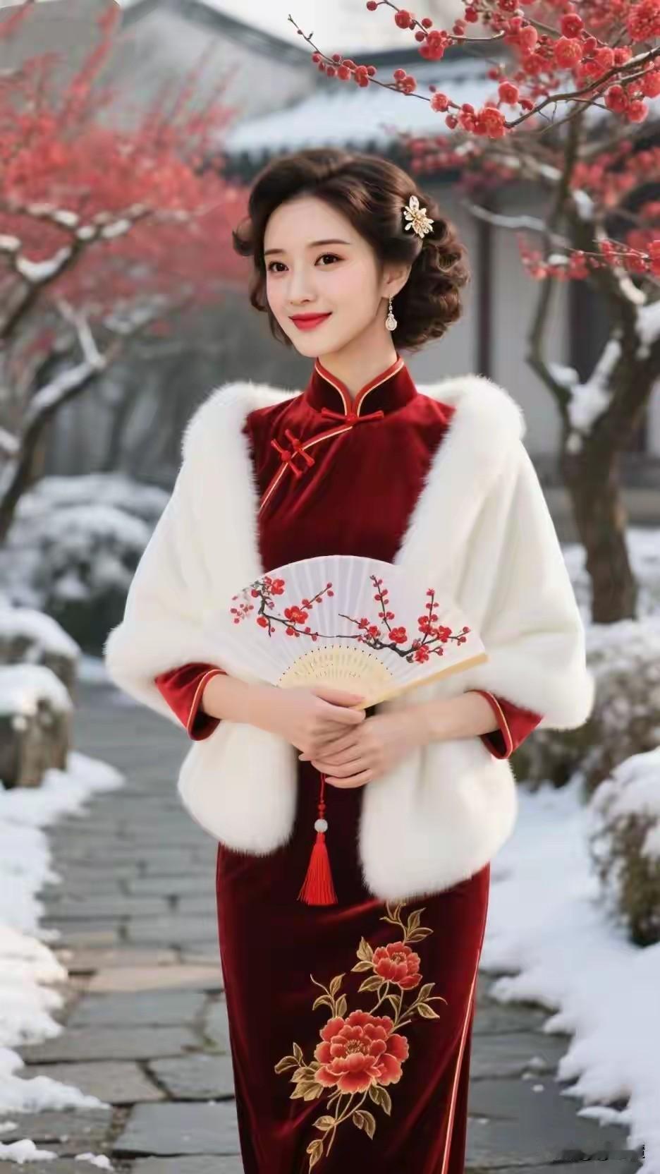 雪落梅枝，旗袍藏韵这抹红色，惊艳冬日江南风姿，别样风华沉鱼落雁，闭月羞花