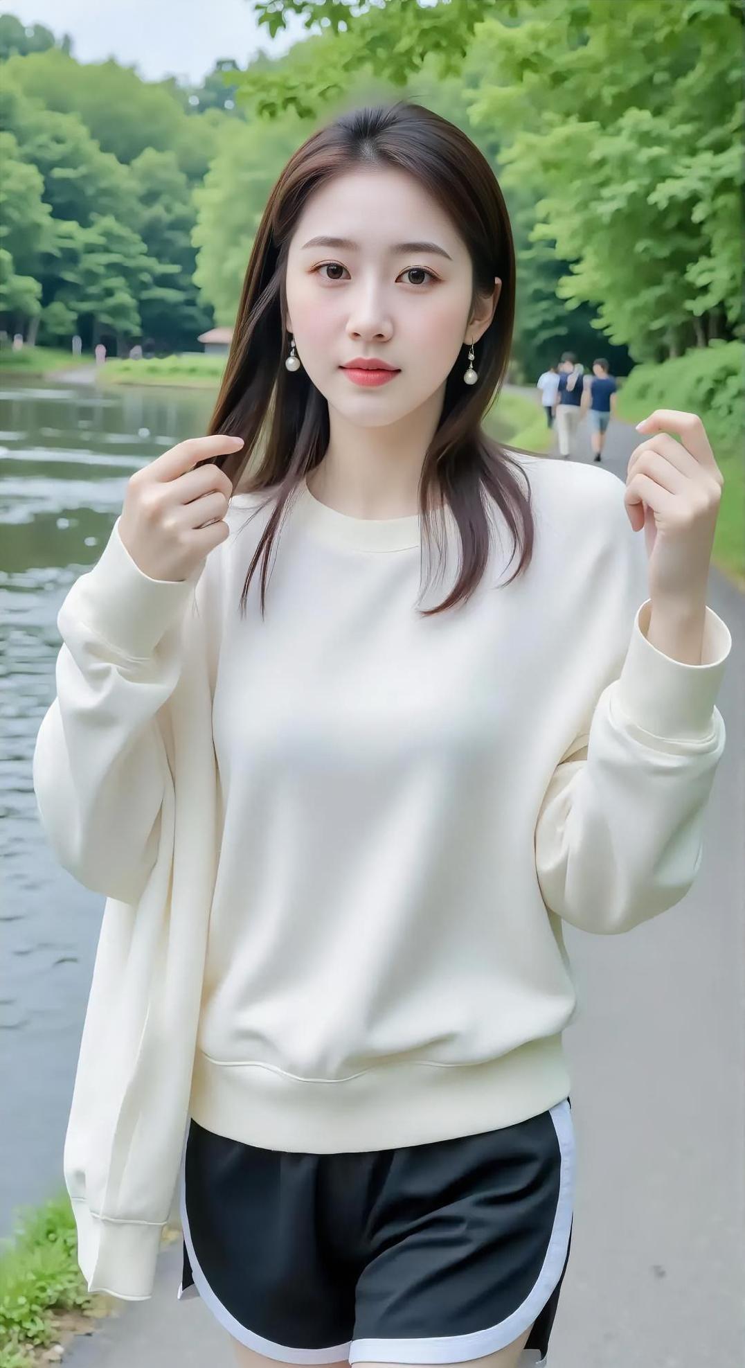 湖畔清风拂面来，白衣黑裤好自在。珍珠耳坠添温婉，双手轻抬笑颜开。