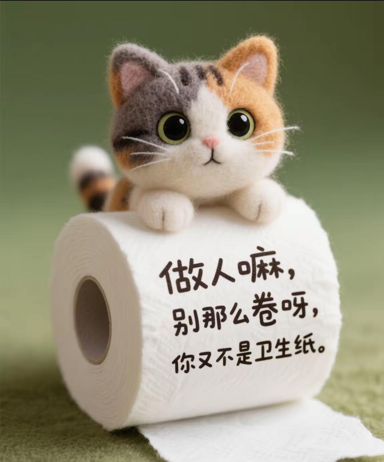 被这只三花猫拿捏了！它趴在卷纸上瞪大眼睛，仿佛在说：“别卷啦！再卷你就成纸
