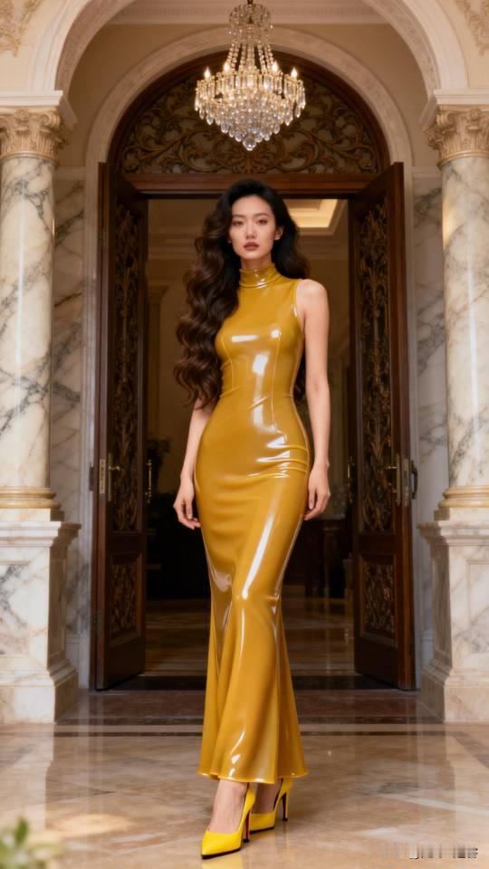 记录我的2026美女穿黄色乳胶连衣长裙写真。乳胶乳胶裙美女壁纸高清美女