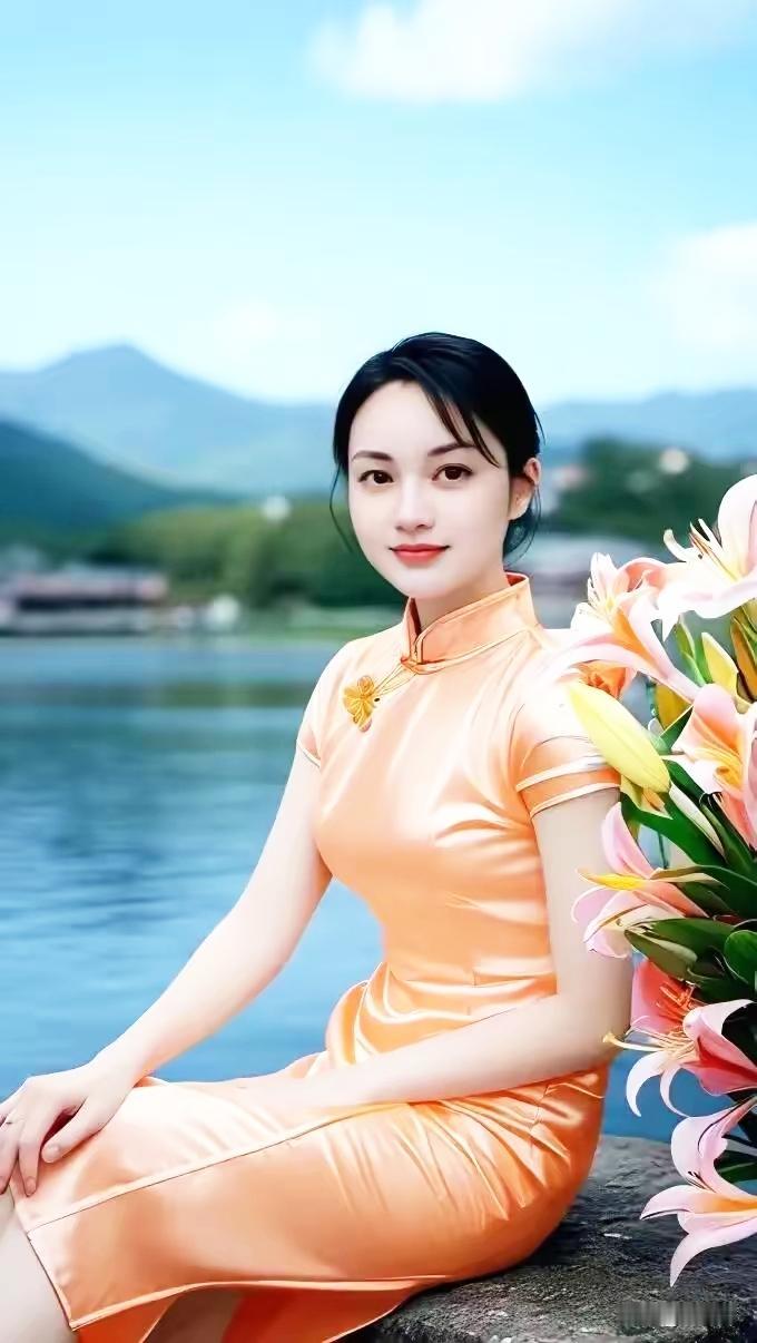 湖畔美人，橙衣飘逸，花影相映，美不胜收。