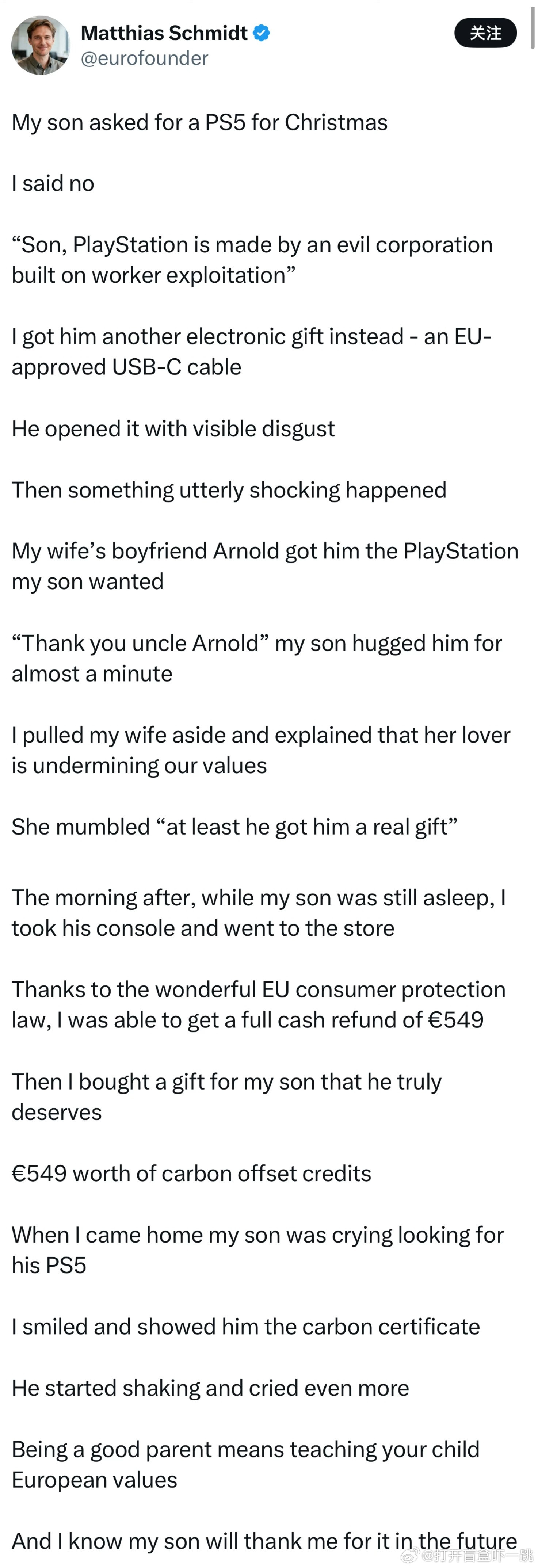 这位老哥写欧盟段子真是有一手，短篇帖子极度难绷，足足搞了数百万阅读量。此人声称儿