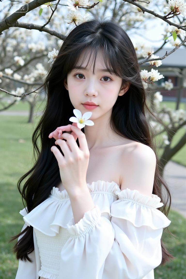 花树下的白裙甜妹好治愈露肩纱裙裹着柔纱袖，像把春日的风揉进裙摆里，拈着花站