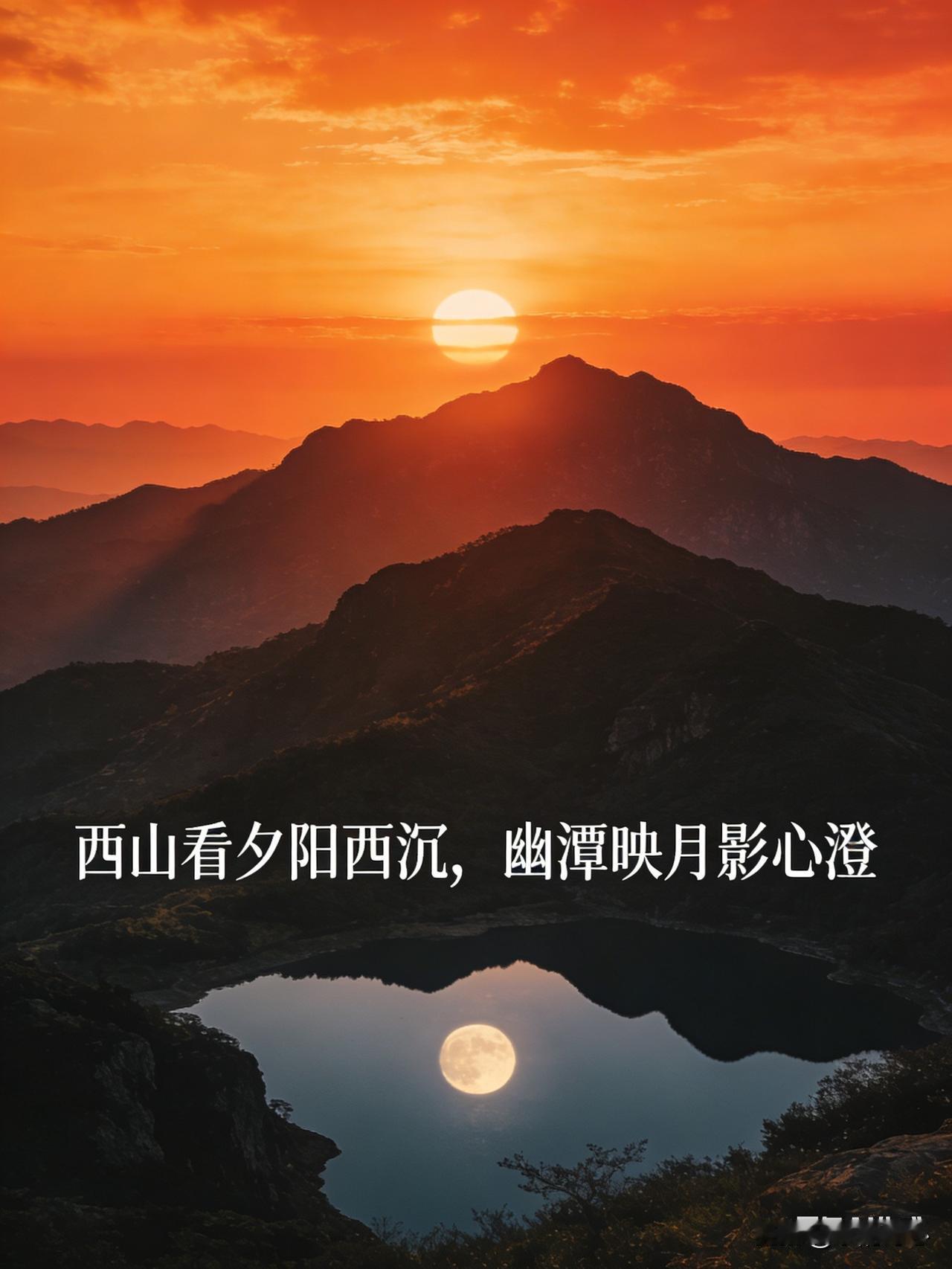 上联:西山看夕阳西沉，下联:幽潭映月影心澄。