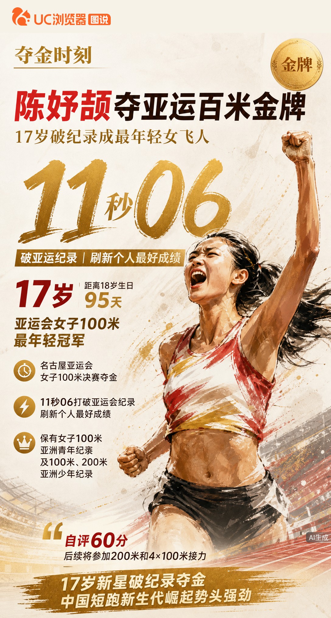 17岁陈妤颉名古屋亚运百米夺金！11秒06破赛会纪录，成该项目最年轻冠军。赛后自评仅60分，距18岁