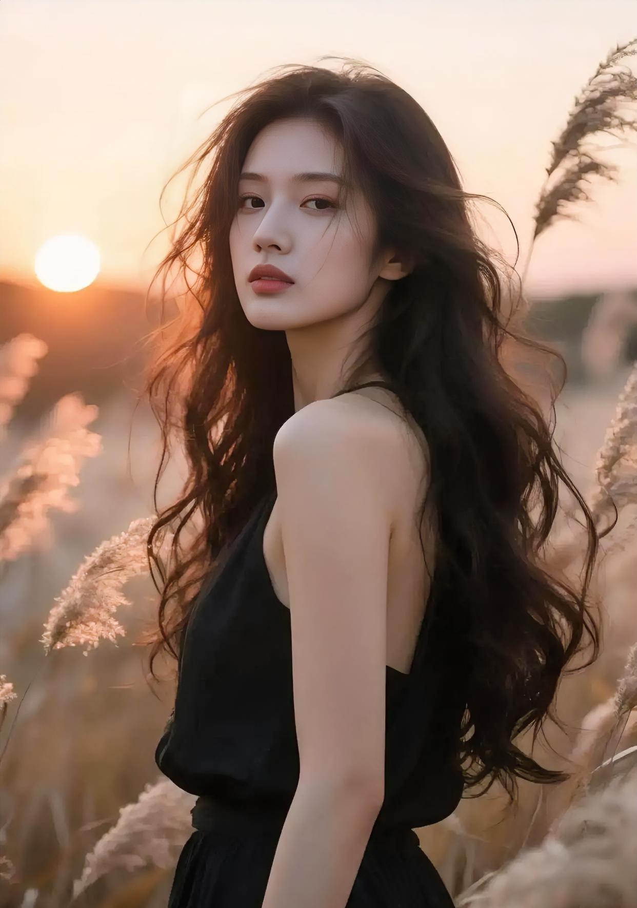 夕阳把芦苇染金，长发随风轻轻扬。黑裙静立黄昏里，眼神温柔又明亮。