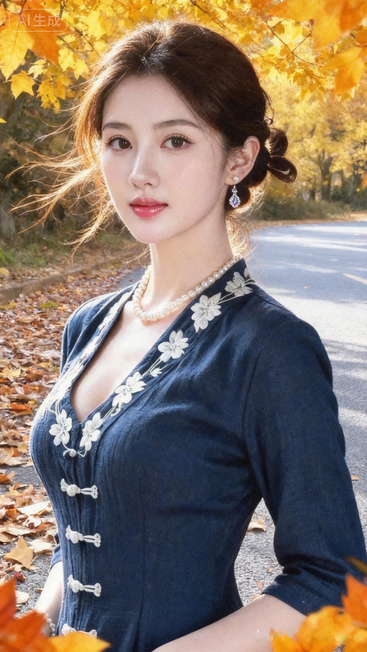 秋日暖阳下，优雅女子漫步在落叶铺满的小径上，散发着迷人魅力。