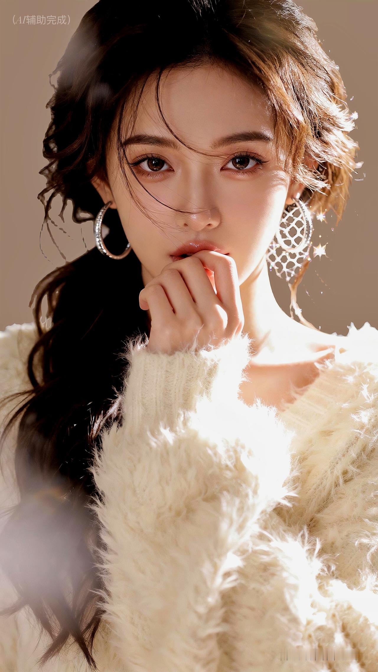 九帧同绘冬日温婉仙。深棕长发微卷编辫垂，发丝如绸泛柔光，碎发轻拂颊。白米毛绒衣软