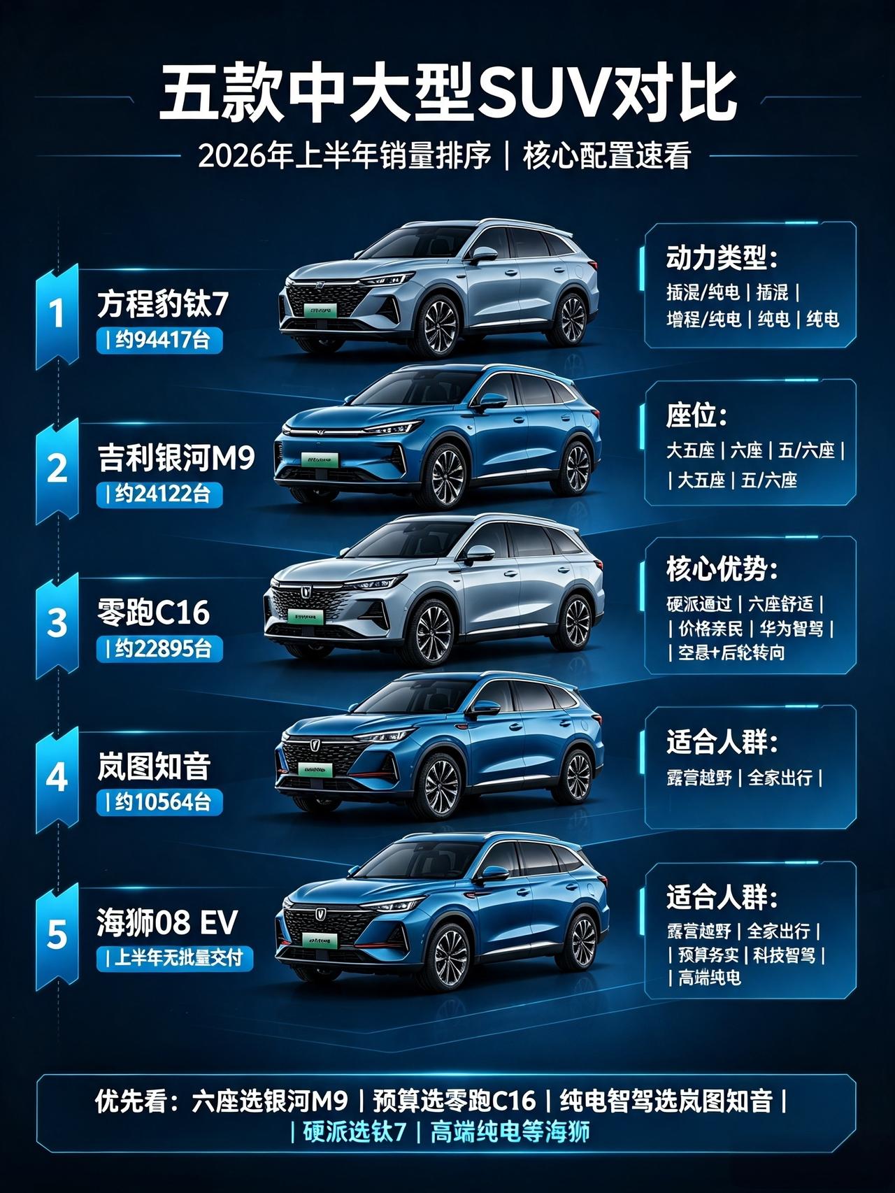 五款热门家用SUV综合对比｜2026上半年销量盘点。