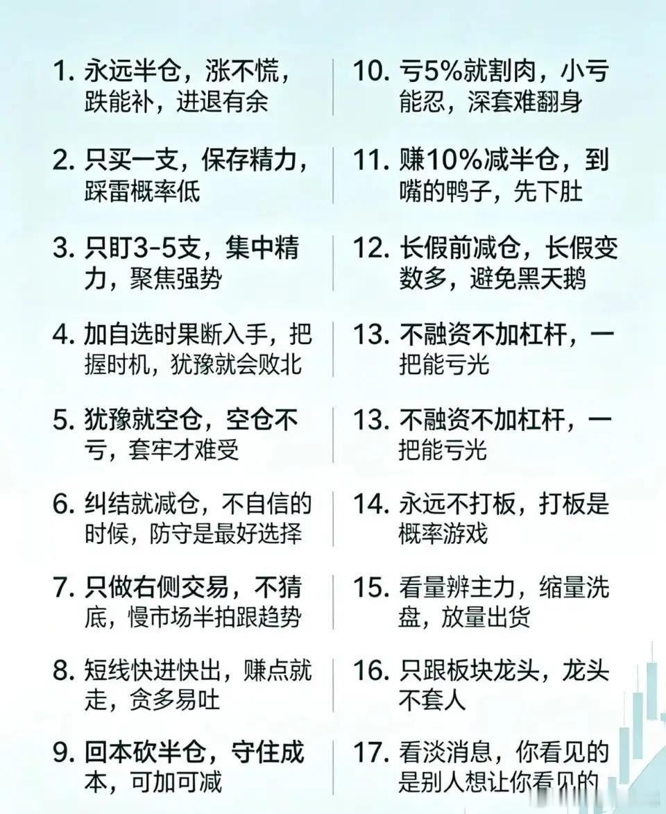 炒股的至理忠告17条炒股保命铁律！真的都是老股民亏到关灯吃面后攒出来的血泪经验。