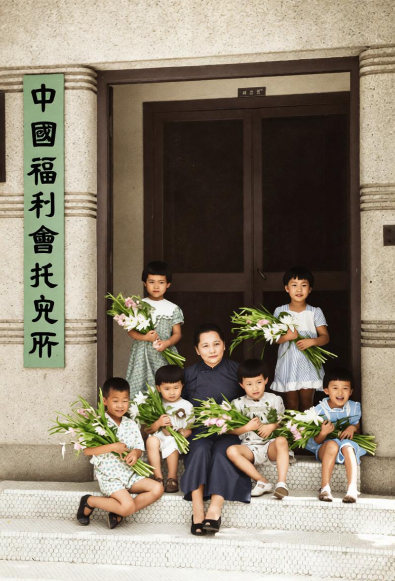 1953年，宋庆龄坐在中国福利会托儿所的门前台阶上，被一群捧着花束的孩子簇拥着，