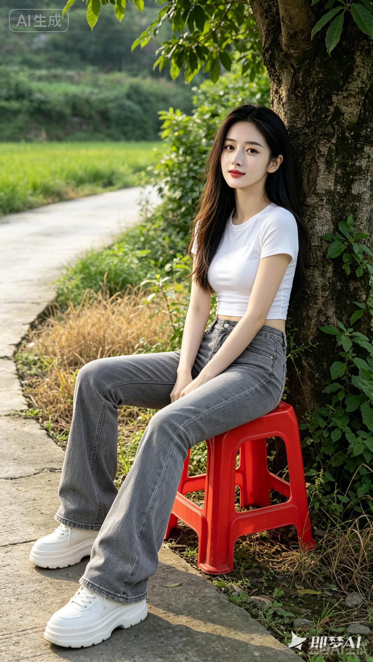 乡村小路边的清新少女，白色上衣+灰色牛仔裤，简约自然。