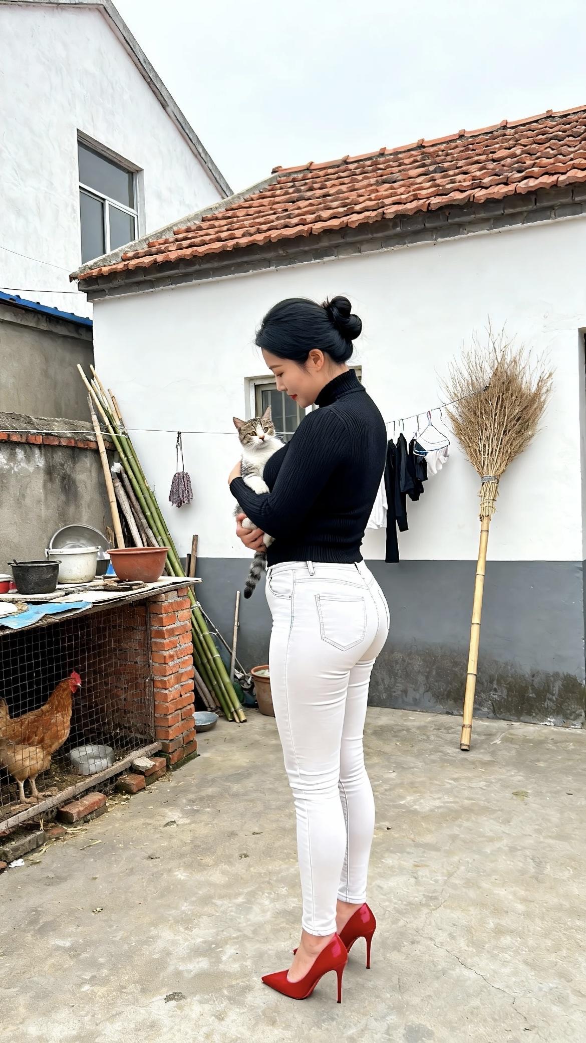 灰白的屋墙凝着乡居的质朴，红瓦的檐角勾着浅淡的天光，砖垒的鸡笼里蜷着鲜活的土鸡，