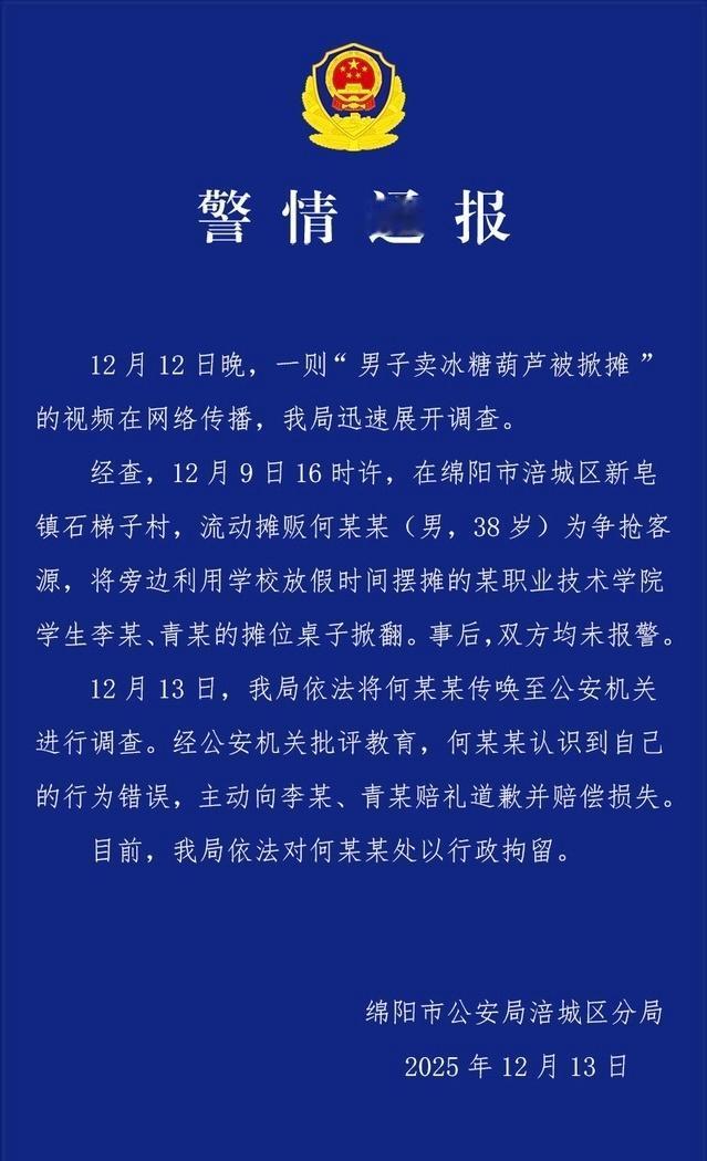 现在在鼓励大学生创业，这个家伙“踩”了风口…男子掀翻2学生卖糖葫芦摊位被行拘