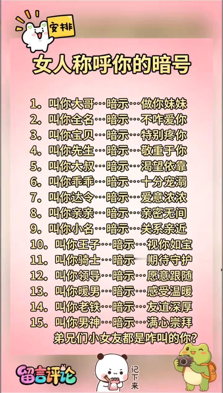 女人称呼你的暗号。·1.叫你大哥，暗，做你妹妹。·2.叫你全名，暗示，不咋爱