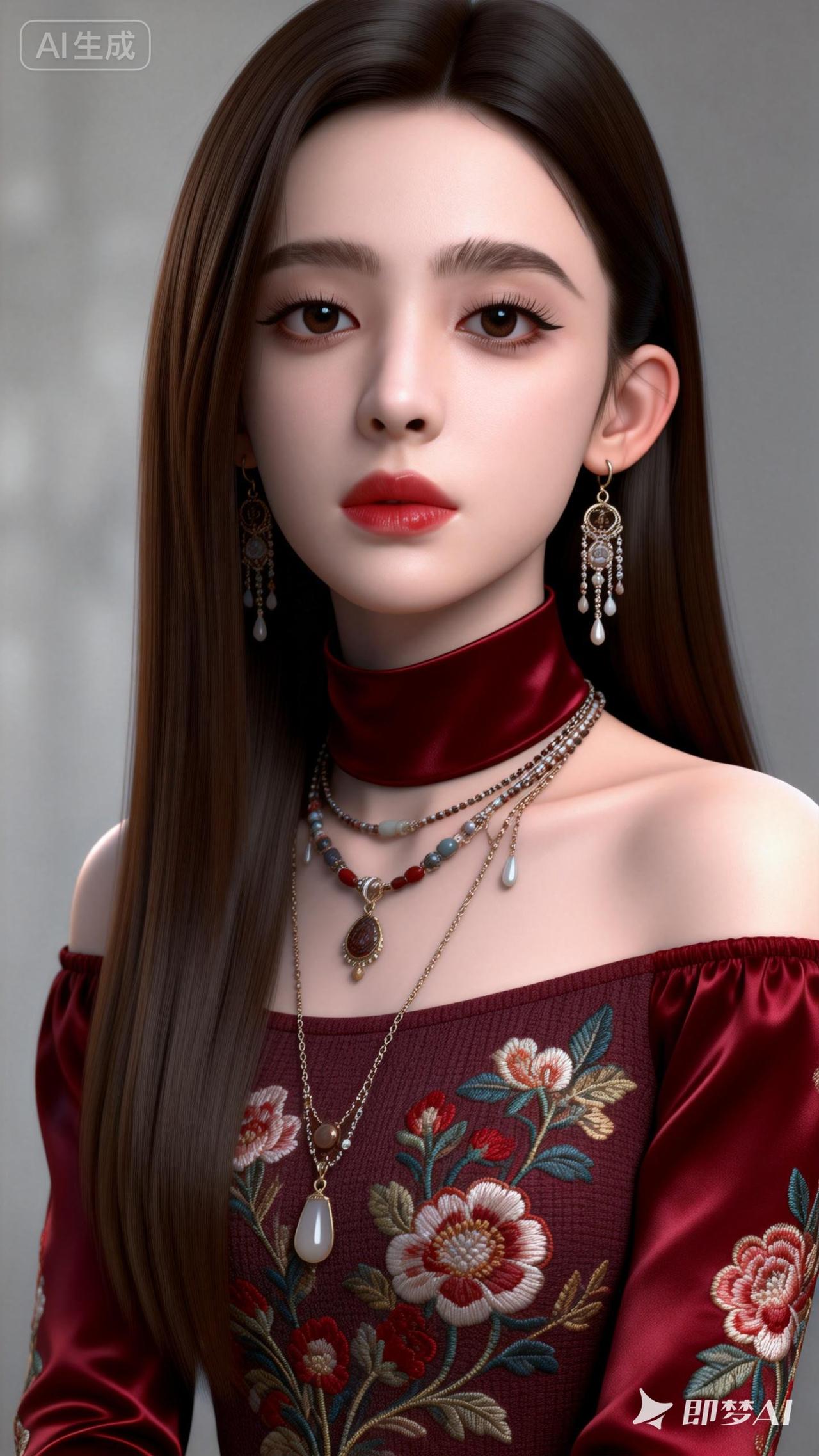 优雅红衣少女，精致妆容与珠宝相得益彰，尽显高贵气质。