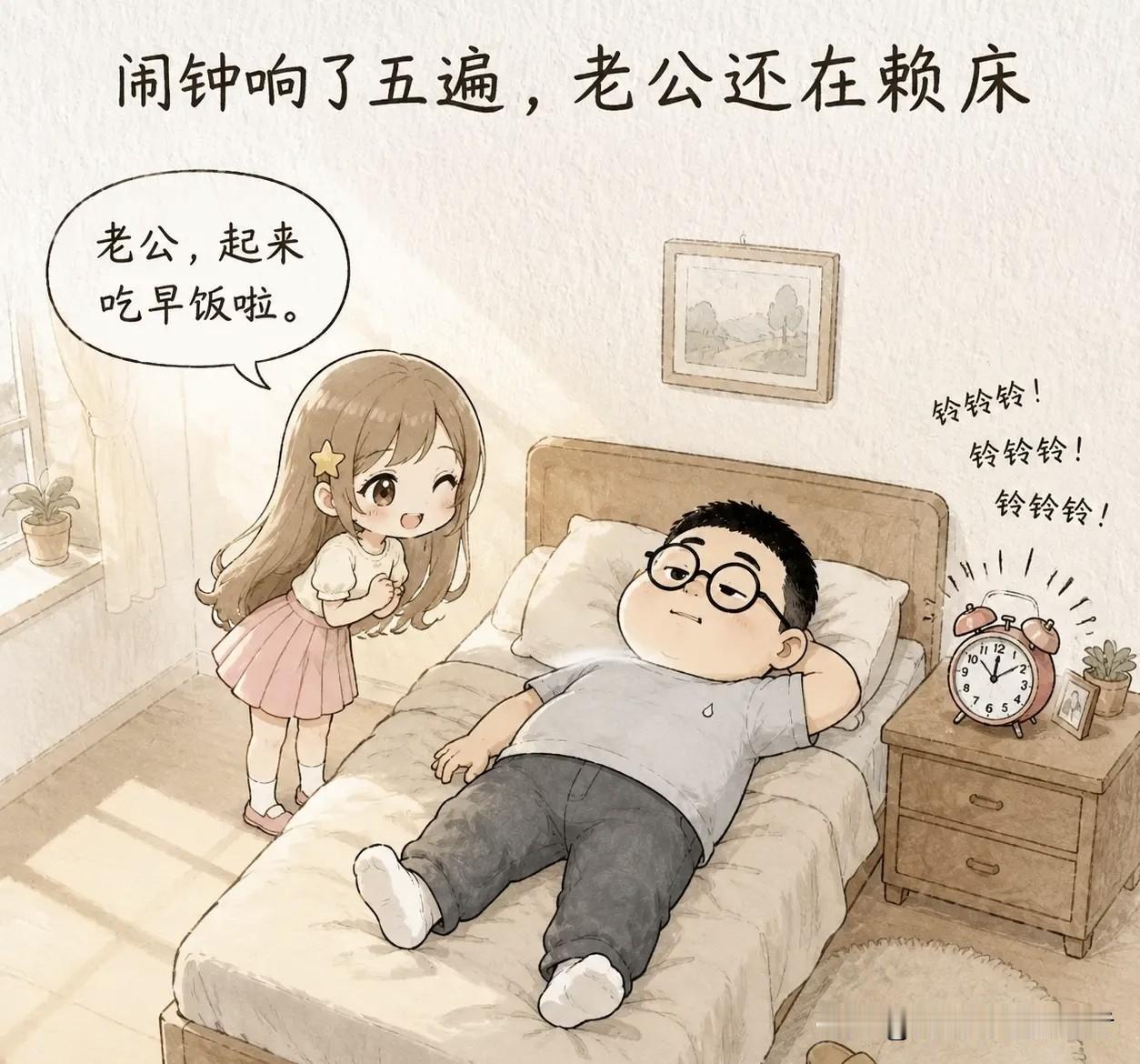 你有哪些漫画推荐：闹钟响了五遍，老公还在赖床。老婆温柔地说：「老公，起来吃早饭啦