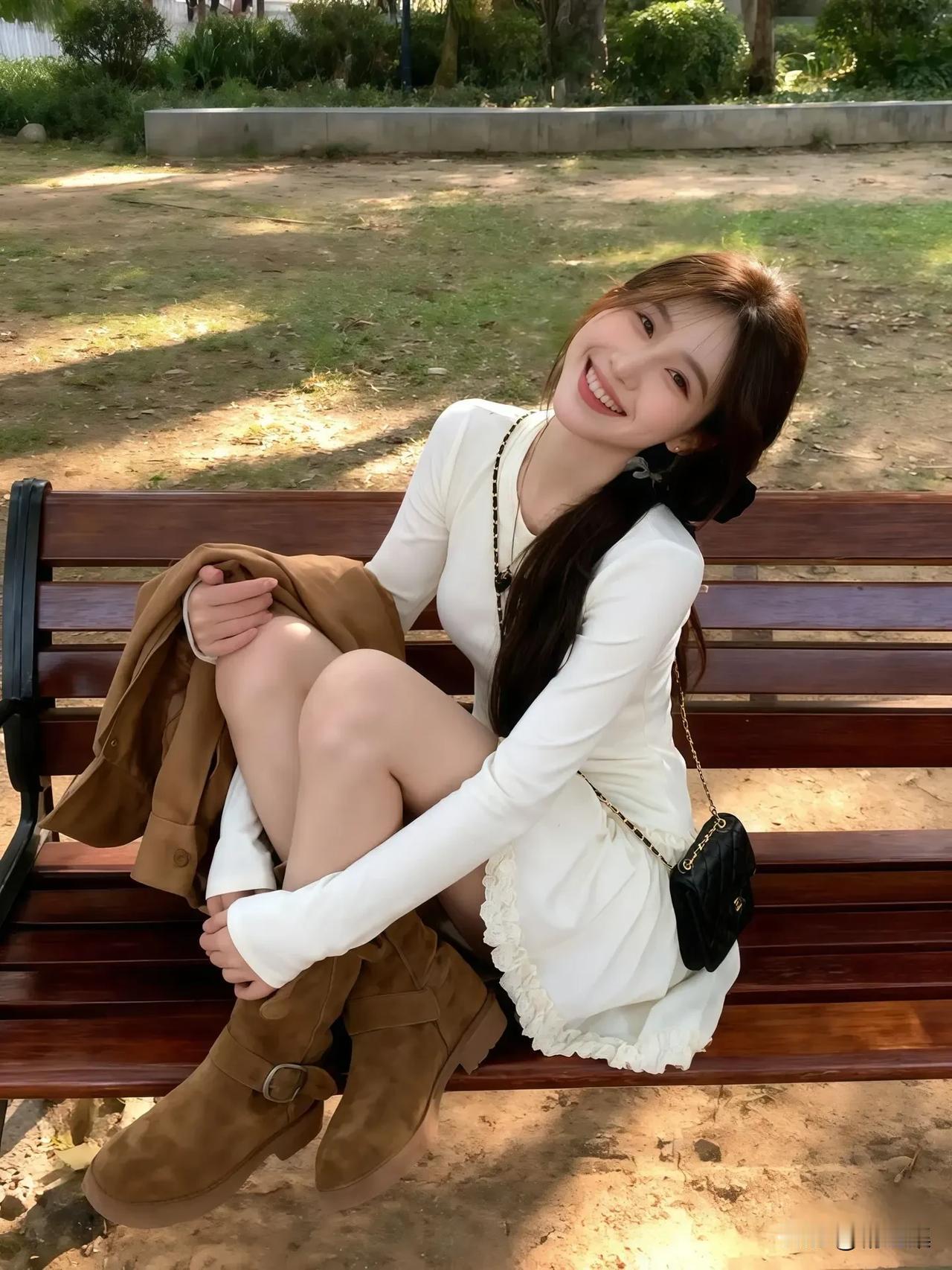 阳光下的微笑，白色连衣裙与棕色靴子的完美搭配，轻松自在的一天。🌞👗👢