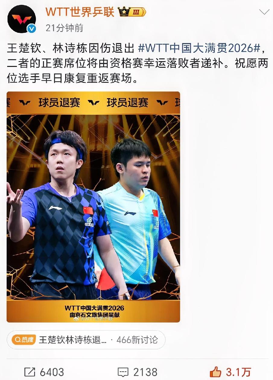 想到王楚钦退赛，万万没想到林诗栋也退赛了。这下可真热闹了，北京大满贯男单冠