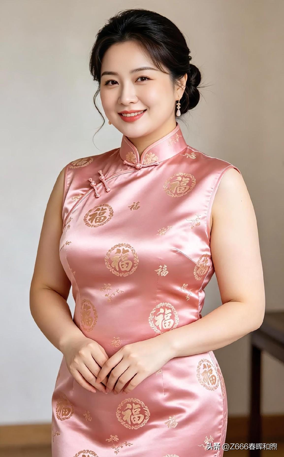 粉色缎面旗袍，金福纹点缀，盘发温婉，浅笑盈盈。古典气韵与柔美风情交织，尽显东方雅