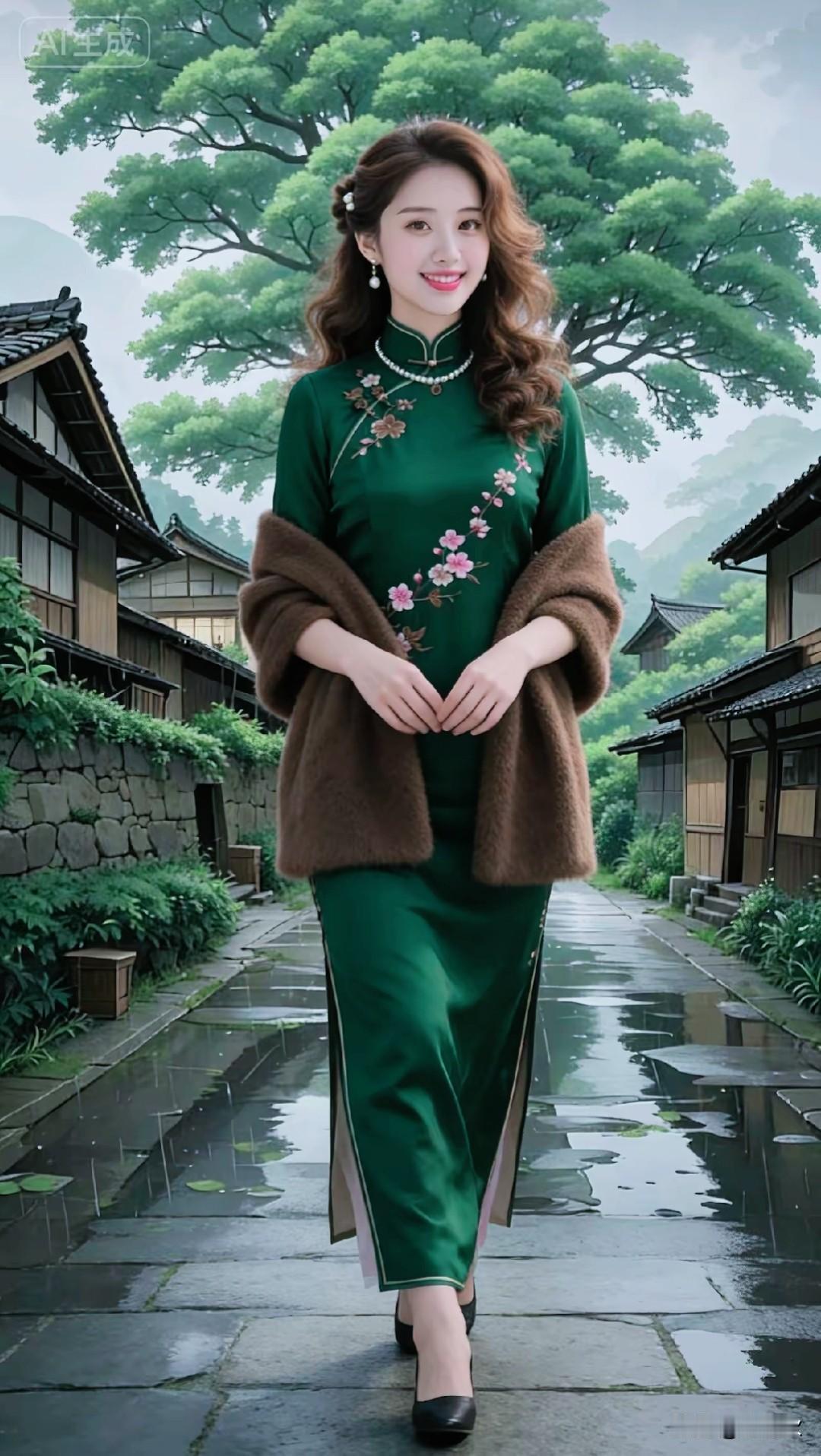 眉似春山寒翠意，面如桃花映春晖。中式旗袍，千娇百媚环保绿色，缎面旗袍梅