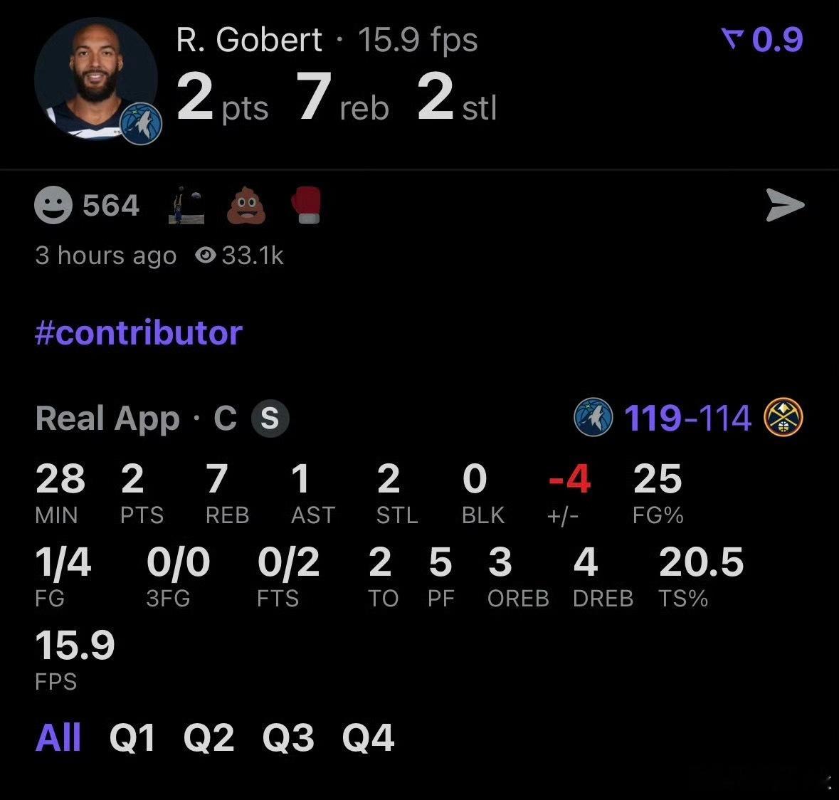 你只看到戈贝尔这场比赛只拿了2分，但你没看到的，是他在防守端一回合一回合锁死约基
