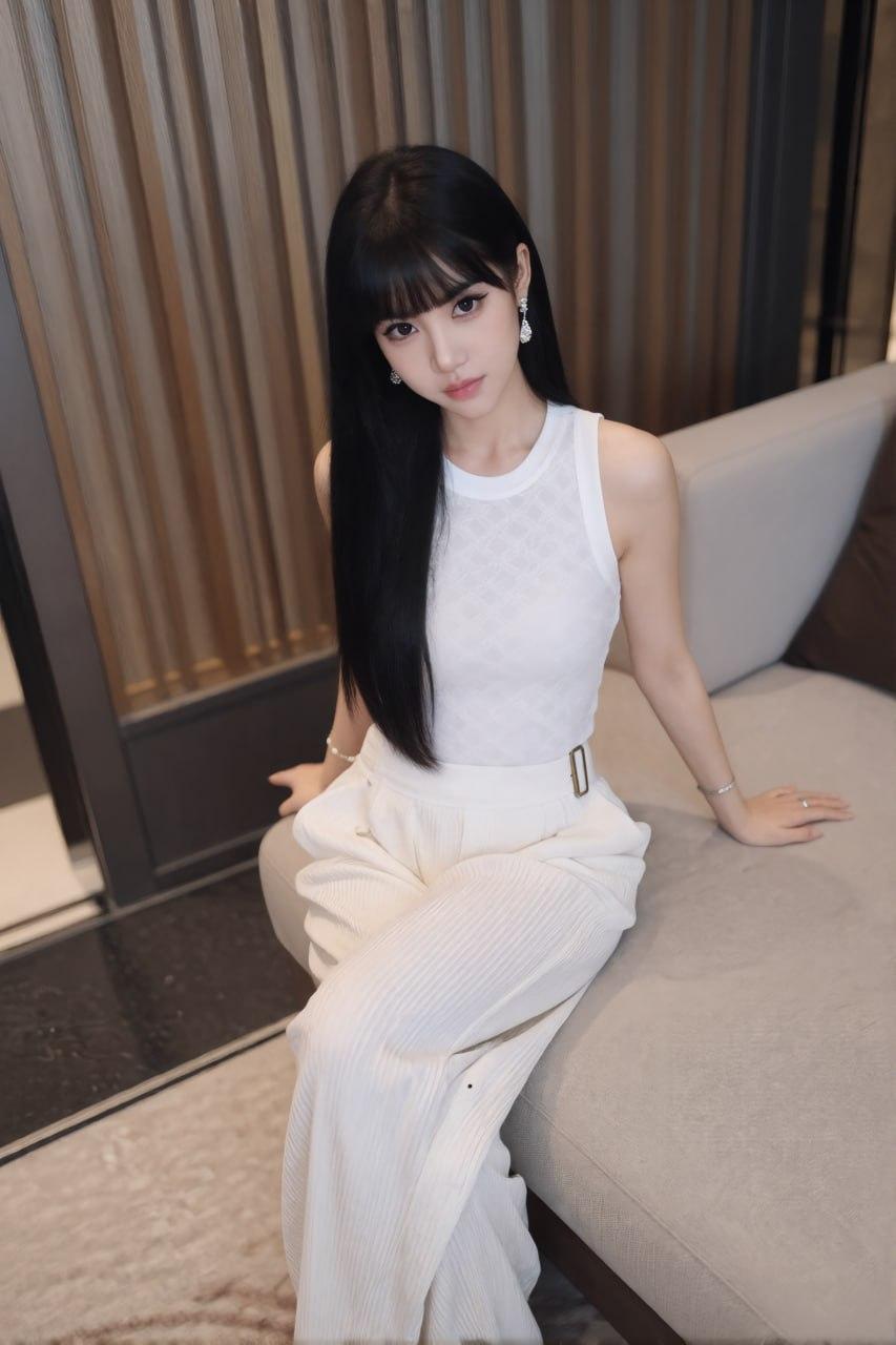 没有多余色彩，一身纯白也能把氛围感拉满。修身背心勾勒出利落线条阔腿白裤藏